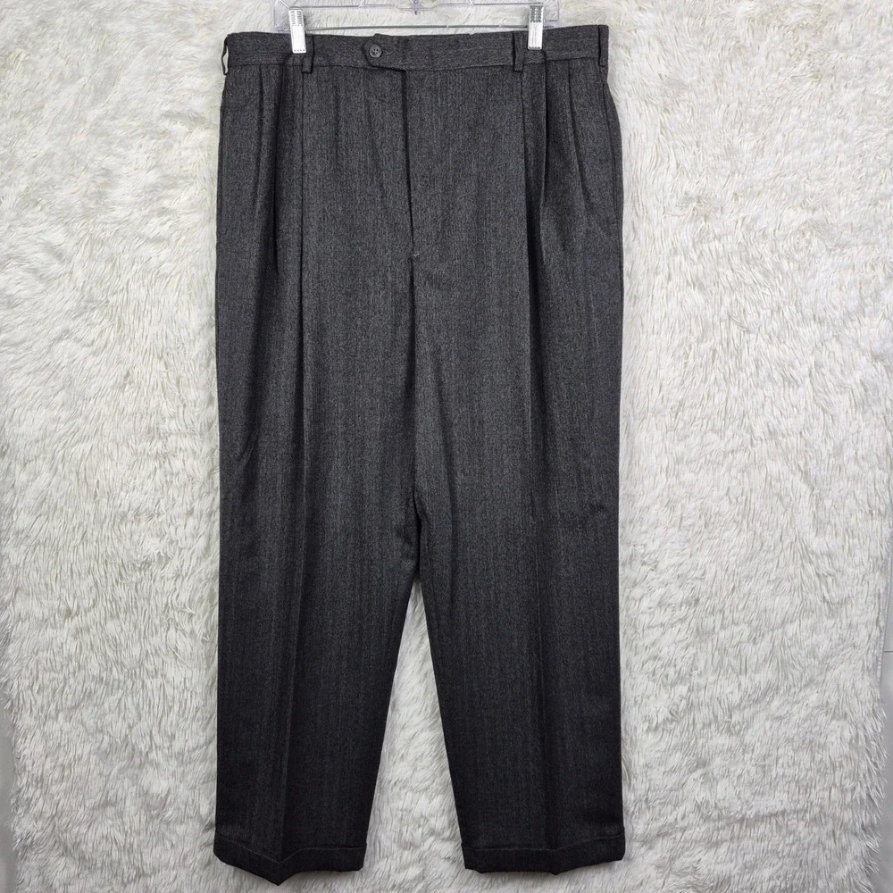 Vtg Slates Mens Charcoal Gray Pleated Cuffed Dress Pants Wool Blend 38x32